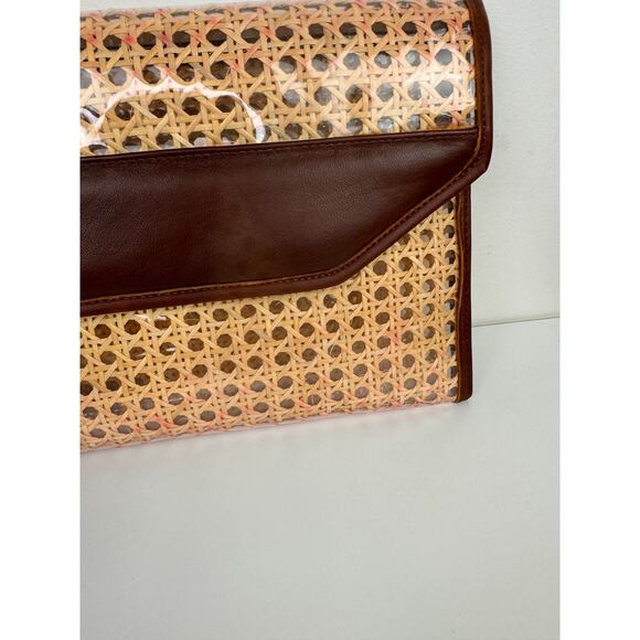 VINTAGE Raffia Rattan Leather Trim Woven Clutch Purse Handbag & Zip Pouch Bag - Picture 7 of 16